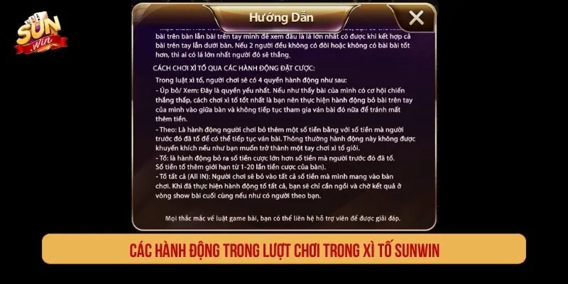 Các hành động trong lượt chơi trong xì tố SUNWIN